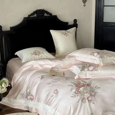 Pink Champagne Flower Embroidery Duvet Cover Set, Egyptian Cotton 1000TC Bedding Set